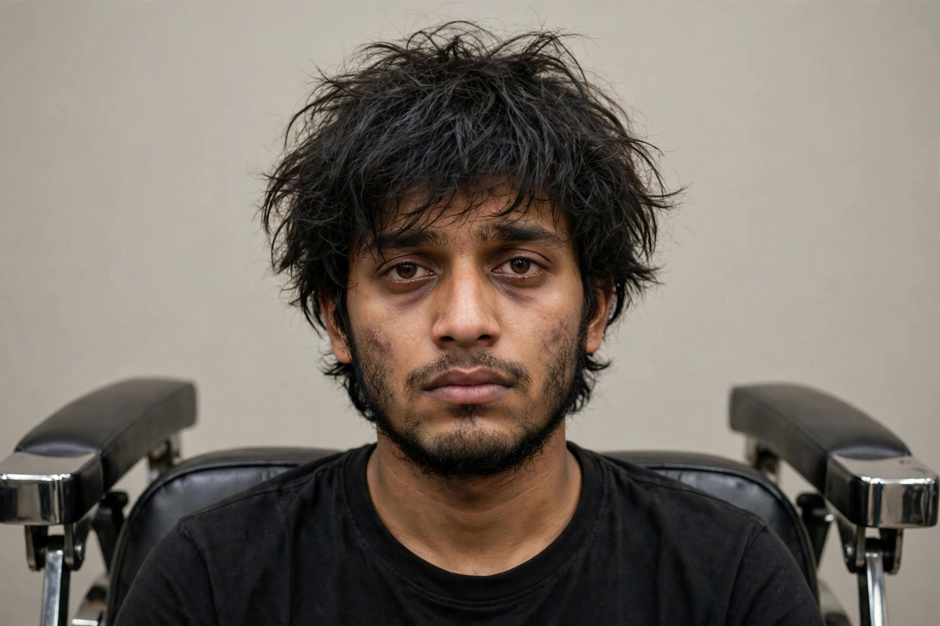 Man with messy hair and unkempt beard before grooming